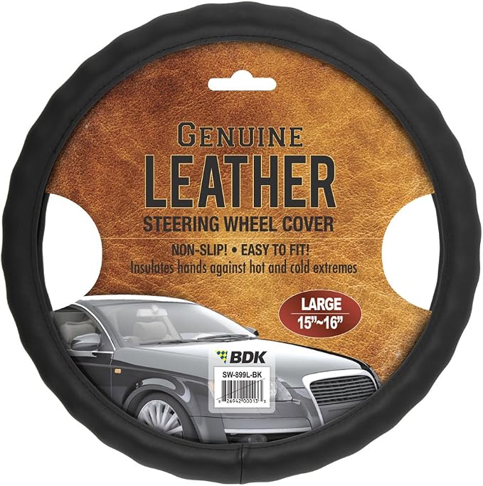BDK Black Genuine Leather Steering Wheel Cover Large 15.5 to 16 inch