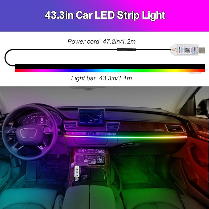 Acrylic LED Lights for Car, 43.3in RGB Strip Light Car LED Lights Interior with USB Port, App Control, Music Sync, 146 LEDs Interior Ca r Lights for Women Men Gifts