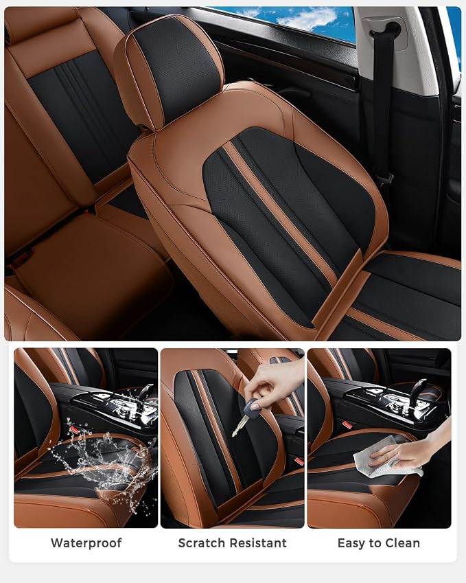 Huidasource Car Seat Covers Full Set, Luxury Faux Leather Seat Covers, Velcro Adjustable, with Airbags, Thinning Design Perforation Cooling＆Heating, Fit for Most Cars, Vans, Trucks, SUVs, Brown&Black