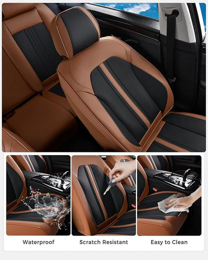 Huidasource Front Car Seat Cover, Luxury Faux Leather Car Seat Covers Front Seats, Fit Airbags, Seatbelt Buckles, Perforation, Cooling＆Heating, Universal Fit for Most Cars Vans Trucks SUVs Brown＆Black