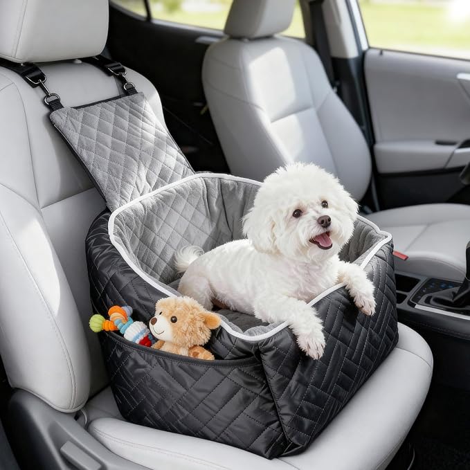 Wigoo Dog Booster Car Seat for Small/Medium Dogs Under 35 lbs, Memory Foam Elevated Seat, Fully Detachable & Washable, Pet Car Travel Home Bed with Storage Pockets, 1 Safety Belt, Black