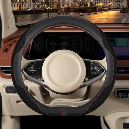 14 inch D Shaped Steering Wheel Cover for Prius Civic, Nappa Microfiber Leather Non-Slip Breathable Fabric, Warm in Winter and Cool in Summer, Black Small 13.5 inch to 14 inch