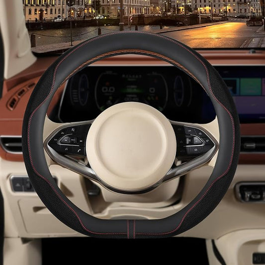 14 inch D Shaped Steering Wheel Cover for Prius Civic, Nappa Microfiber Leather Non-Slip Breathable Fabric, Warm in Winter and Cool in Summer, Black Small 13.5 inch to 14 inch