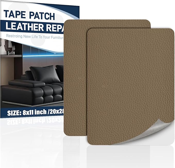 Zenyao Leather Repair Patch Tape - Self Adhesive Leather Repair Kit for Car Seat Furniture, Heavy Duty Vinyl Repair Patch for Couch Sofa, Waterproof Fix for Tears, 8x11 Inch, 2 Pieces, Grey Khaki