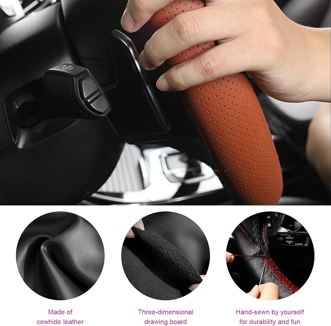 Ziciner Genuine Leather Steering Wheel Cover, Stitch on Wrap, Breathable Anti-Slip Car Steering Wheel Protector for Max Diameter 15 Inch, DIY Sewing with Needles Thread (Brown, Hole)