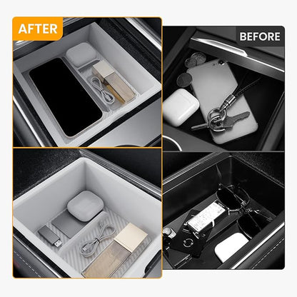 BANKKY 2PCS Center Console Organizer for Tesla Model 3 Highland 2024-2026 & Model Y Juniper 2025-2026, White Armrest Storage Tray with Anti-Slip Liner, ABS Tesla Accessories