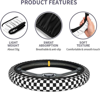 Black and White Checkered Steering Wheel Cover Universal 14.5-15 Inch Anti-Slip Breathable with 2 Pieces Car Coasters for Men Women Checkered Car Accessories Decorate