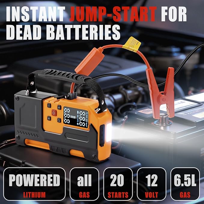 Car Roadside Emergency Kit, Jump Starter with Air Compressor, First Aid Kit, Tow Rope, Roadside Safety Emergency Tool Kit for Women, Men, Teen (Orange)