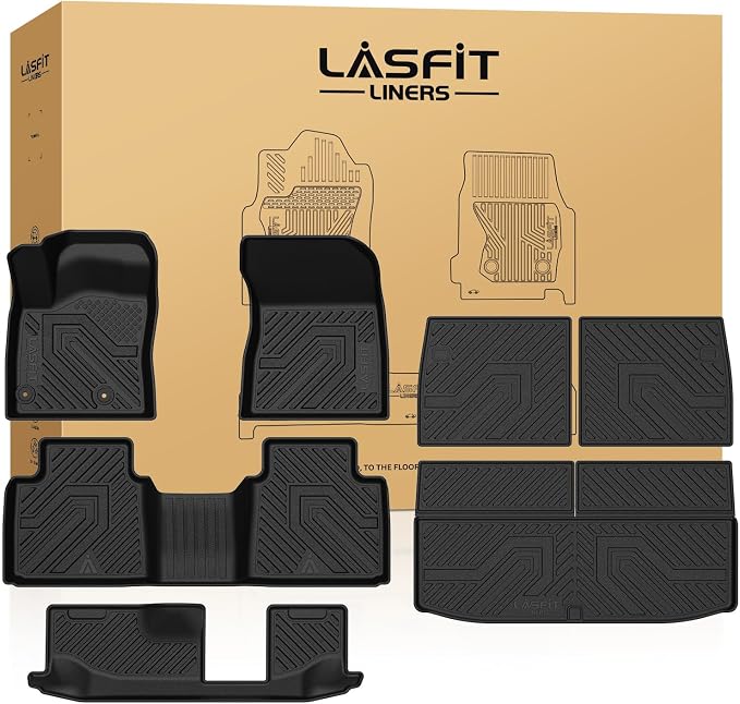 LASFIT Floor Mats & Cargo Mats for 2025-2020 Mitsubishi Outlander (Not Fit PHEV or Sport), Custom Fit Full Coverage All Weather TPE Floor Liners with Backrest Mats Protection for Every Row, Black