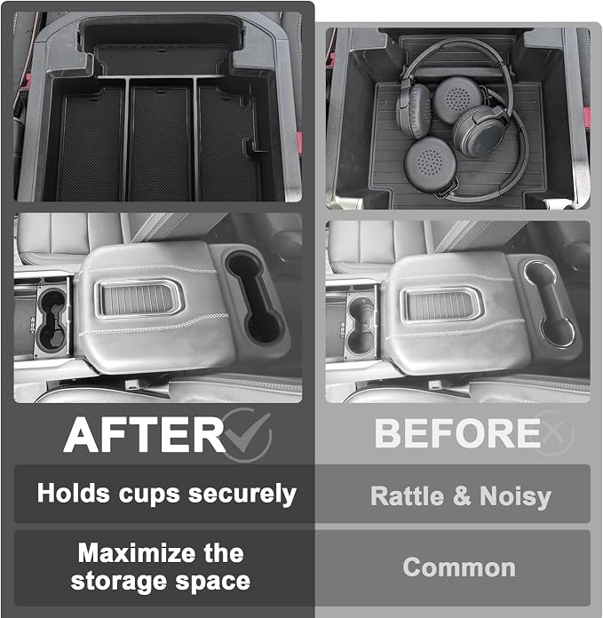 Muslogy Center Console Organizer & Cup Holder Inserts Compatible with 2021-2025 2026 GMC Yukon Chevy Tahoe Suburban Accessories Front & Rear Drink Holder & Armrest Storage Box(Power Sliding Console)