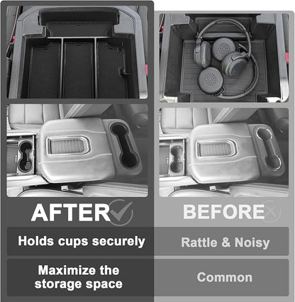 Muslogy Center Console Organizer & Cup Holder Inserts Compatible with 2021-2025 2026 GMC Yukon Chevy Tahoe Suburban Accessories Front & Rear Drink Holder & Armrest Storage Box(Power Sliding Console)