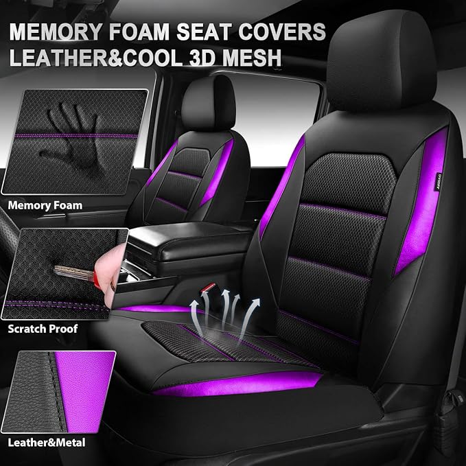 CAR PASS Memory Foam Car Seat Covers,Air Cool Mesh Thick Seat Covers Front Seats,Purple Metal Film Leather Seat Cover for Car,Universal Comfort for Most Car,Truck,Airbag Compatible,Black Purple