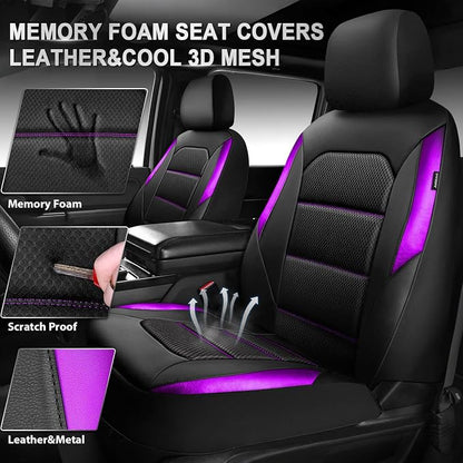 CAR PASS Memory Foam Car Seat Covers,Air Cool Mesh Thick Seat Covers Front Seats,Purple Metal Film Leather Seat Cover for Car,Universal Comfort for Most Car,Truck,Airbag Compatible,Black Purple