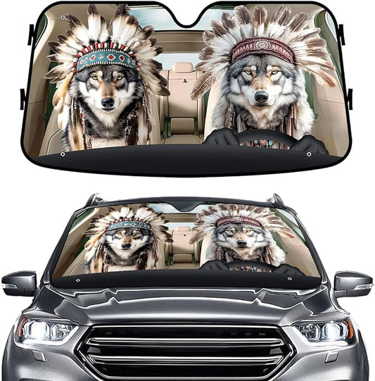GENANY Wolf Windshield Cover for Car SUV Truck (55x30 Inches), Foldable Heat Shield, Shades for Front Windows, Protector Blocks UV, Car Decor