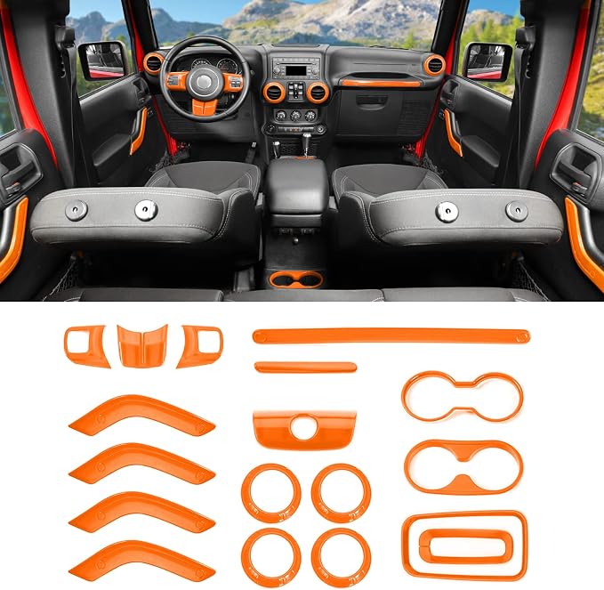18PCS Full Set Interior Trim Kit for Jeep Wrangler JK JKU 2011-2018 4 Door,Center Console Door Handle Side Outlet Cup Holder Gear Cover Trim (Orange)