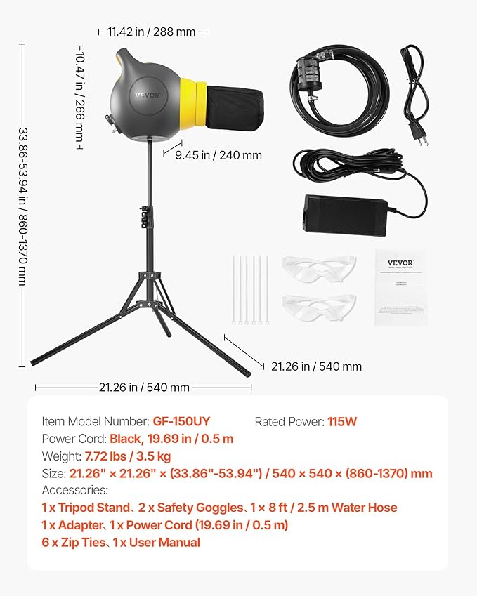 VEVOR Foam Machine, 115 W Party Foam Cannon, Portable Foam Maker with a Tripod Stand, Powerful Foam Party Machine, for Backyard, Pool, Outdoor Events, Birthdays, Celebrations and Party, Grey & Yellow