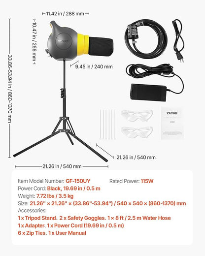 VEVOR Foam Machine, 115 W Party Foam Cannon, Portable Foam Maker with a Tripod Stand, Powerful Foam Party Machine, for Backyard, Pool, Outdoor Events, Birthdays, Celebrations and Party, Grey & Yellow