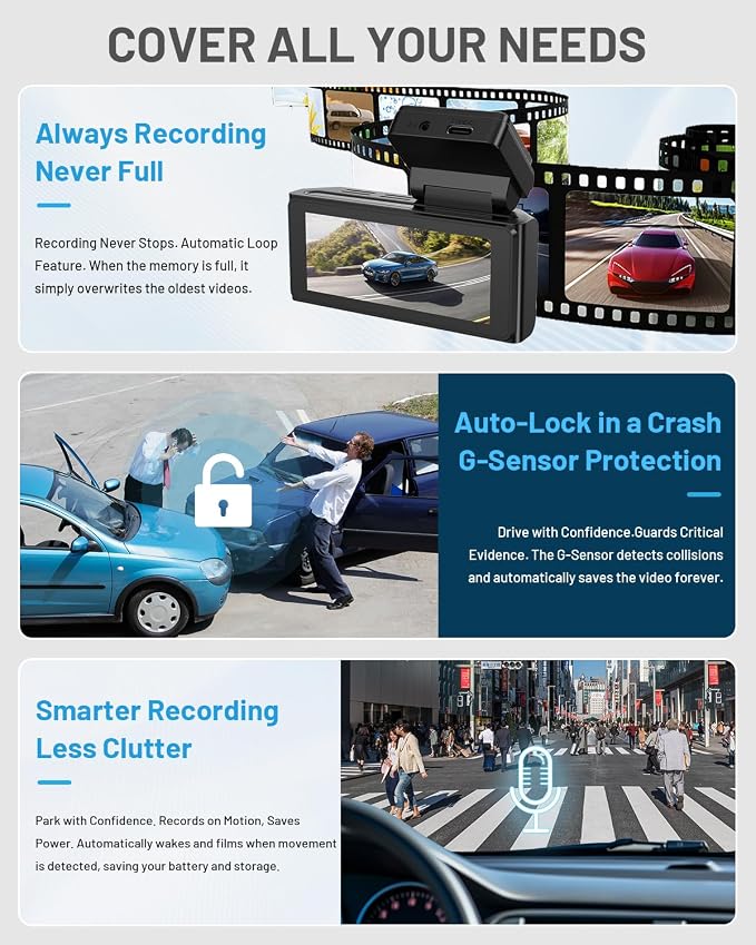 BCUOZ 4K Dual Dash Cam Front and Rear, GS200 170° Wide Angle Night Vision with 3.39” IPS Touchscreen, WiFi App Control, Night Vision, G-Sensor Loop Recording, 64GB Card Included Parking Monitoring