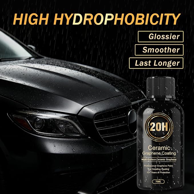 Ceramic Coating for Cars, 20H High-Grade Graphene Coating for Automobiles, Complete Detailing Kit, 10+ Years of Lasting Defense, Intense Glossy Look, Use After Washing & Polishing, 70ml