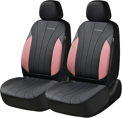 Coverado Car Seat Covers， 2 Front Seats Waterproof Nappa Leather Automotive Seat Protectors, Front Luxury Mesh Seat Covers, All-Weather Universal Fit for Most Cars SUVs, Trucks,Pink&Black