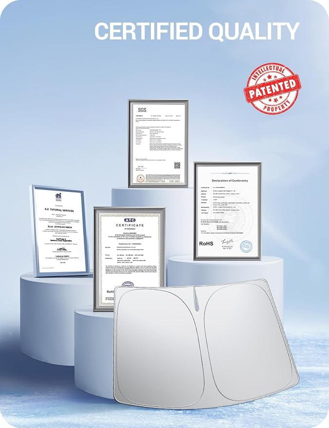 BASENOR 2017-2026 Tesla Model Y Model 3 Windshield Sunshade, (Proprietary Design) Folding Front Window Sun Shade Full Cover, Heat UV Protection Visor Accessories