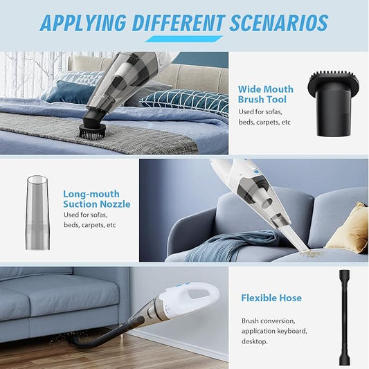 FUOAYOC Handheld Vacuum Cordless,Car Cordless Rechargeable, 6KPA Powerful Suction Hand Held Vacuum with LED Light/Multi Accessories, 1.6lbs Mini Portable Vacuum Cleaner for Home/Car/Office Cleaning