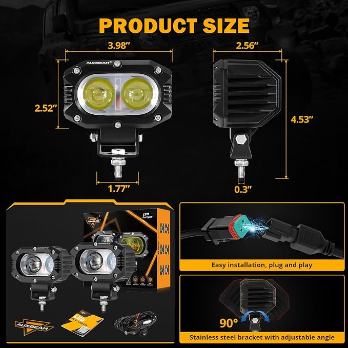 Auxbeam 4 Inch LED Square Pod Light, 60W White Spot Beam Driving Fog Light with DT Wiring Harness for Jeep Wrangler Truck Pickup SUV ATV UTV