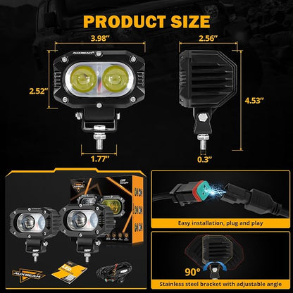 Auxbeam 4 Inch LED Square Pod Light, 60W White Spot Beam Driving Fog Light with DT Wiring Harness for Jeep Wrangler Truck Pickup SUV ATV UTV