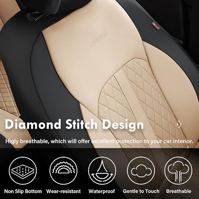 Coverado Universal Leather Seat Covers Full Set for 5 Seats – Waterproof, Durable All-Weather Protector for SUV, Pickup Truck, Sedan, Black&Beige