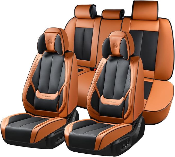 Coverado Universal Seat Covers Full Set, Universal Seat Covers for Cars, 5 Seats Waterproof Nappa Leather Car Seat Covers with Head Pillow, Auto Protectors Fit for Most SUV Pick-up Truck-Black&Brown