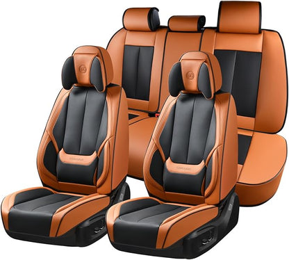 Coverado Universal Seat Covers Full Set, Universal Seat Covers for Cars, 5 Seats Waterproof Nappa Leather Car Seat Covers with Head Pillow, Auto Protectors Fit for Most SUV Pick-up Truck-Black&Brown
