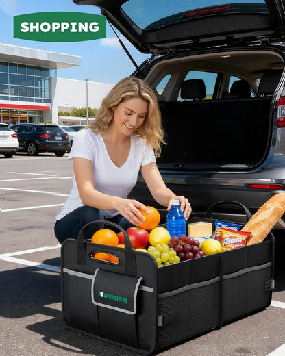 2-Compartment Trunk Organizer & Multi-Compartment Storage Box 600D Waterproof Oxford, with Reflective Strips and 8 Side Mesh Pockets for SUV, Sedan, Minivan- Heavy-Duty Car Organiser(65L)