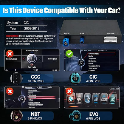 Wireless CarPlay Android Auto Retrofit Kit for BMW CIC System 1/2/3/4/5/7seriers X1/X3/X5/X6/E60/E61/E81/E90/F07/F10/F11/E84/E71/F25/E70 2008-2012,Support OEM Controls, Airplay Mirror,Reverse Camera