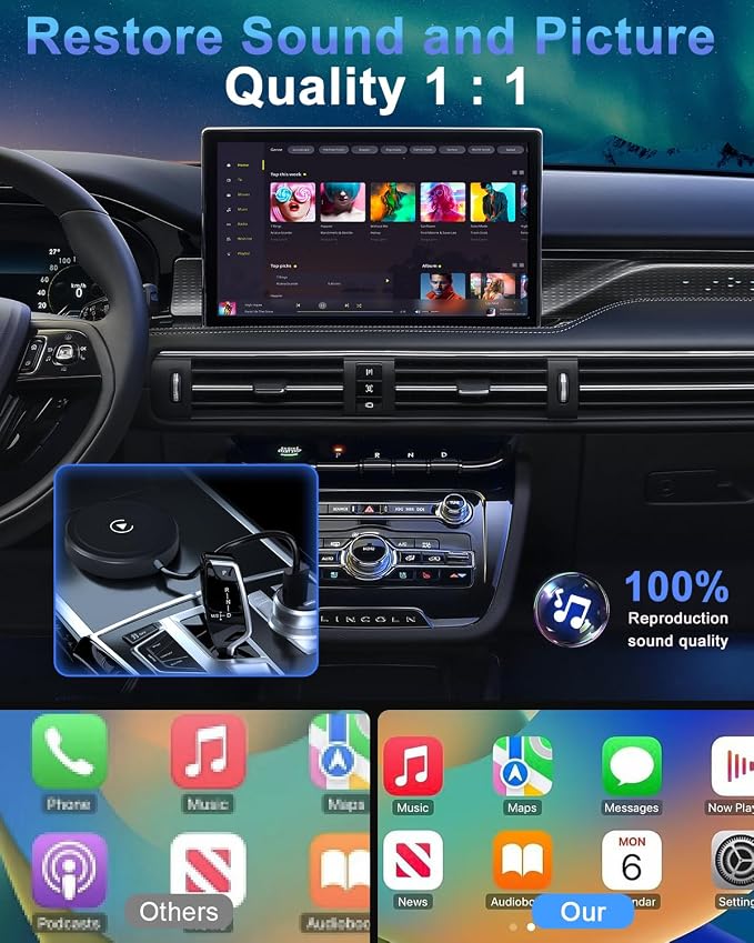 HEI LIANG Wireless Carplay Adapter, Converts Wired to Wireless Carplay Dongle for Wireless Control Plug & Play Carplay Fit for Cars 2016 & for Apple iPhone iOS 10+(Round), Round&Black
