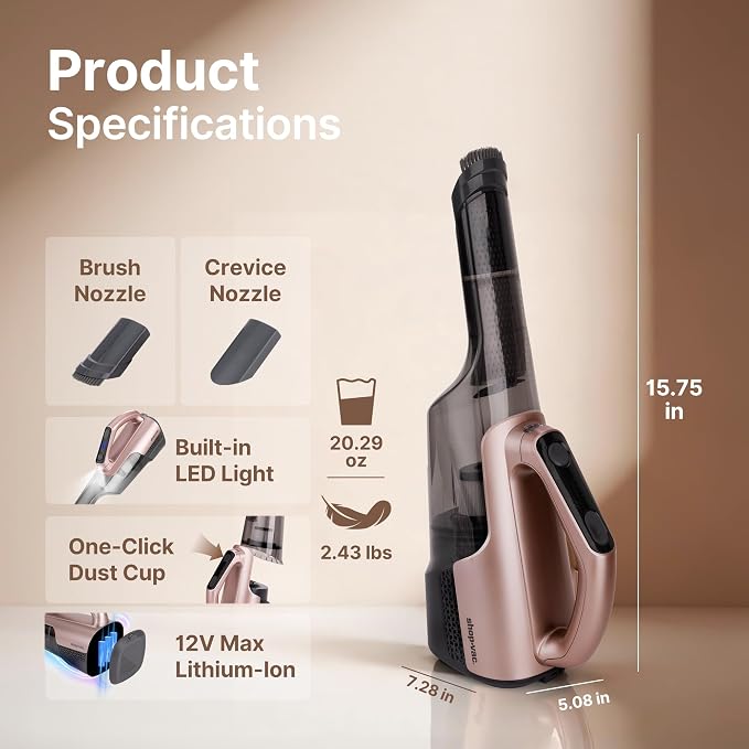 Shop-Vac S2 12V Handheld Vacuum Cordless, Dual-Speed Powerful Portable Car Vacuum Rechargeable, Wall-Mounted Lightweight Hand Vacuum for Home & Car, LED Light, HEPA Filter, Champagne Gold