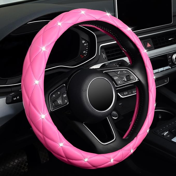 KAFEEK Diamond Leather Steering Wheel Cover with Bling Bling Crystal Rhinestones, Universal 15 inch,Dark Pink
