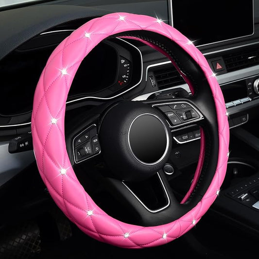 KAFEEK Diamond Leather Steering Wheel Cover with Bling Bling Crystal Rhinestones, Universal 15 inch,Dark Pink