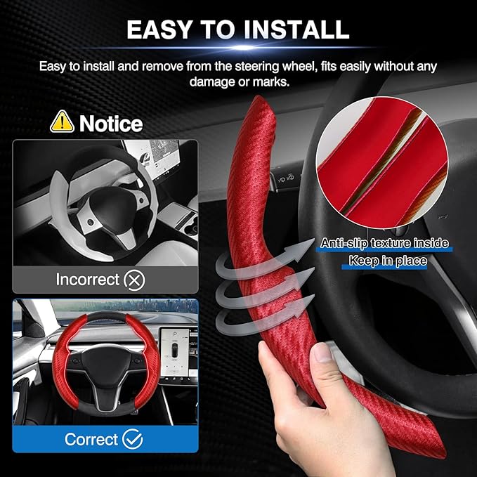 Canvcle Steering Wheel Cover for Tesla Model 3/Y 2016-2025 2026 Highland/Juniper Accessories Carbon Fiber Steering Wheel Cover Protector Non-Slip, Comfortable, Breathable, Model 3/Y Accessories, Red