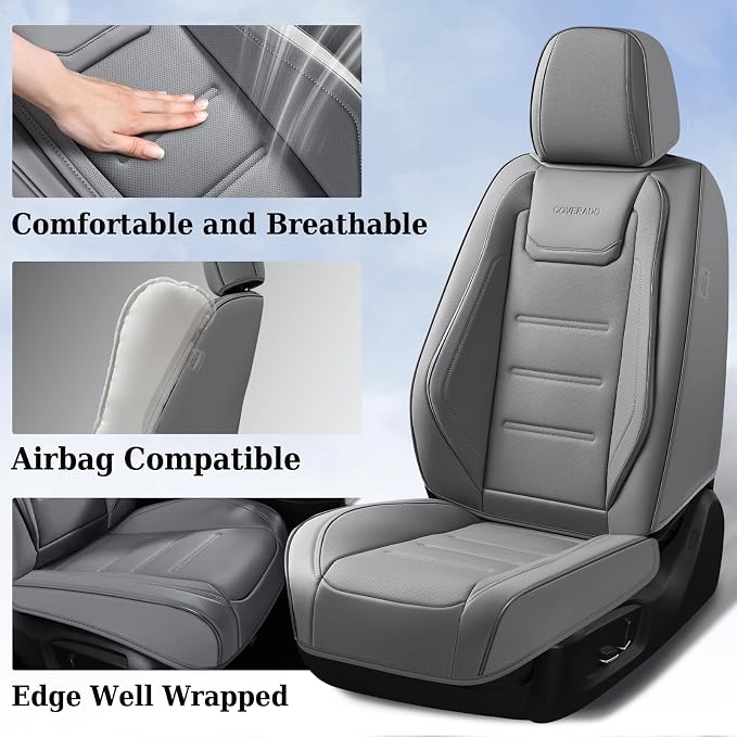 Coverado Car Seat Covers, Front Covers for Cars, Car Seat Cover Front Seats, Car Seat Protector Waterproof, Leather Car Seat Cushion, Universal Interior Covers Seat Protectors for Most Cars Gray