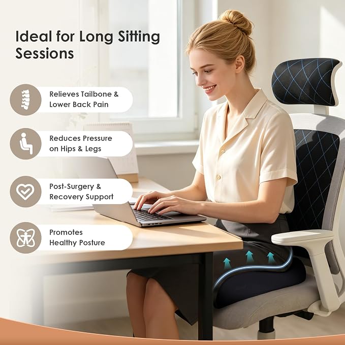 FLORICH Upgrade Large Car Seat Cushion for Long Sitting, Ergonomic Memory Foam Driving Seat Cushion for Back & Sciatica Pain Relief, Non-Slip Washable Seat Cushion for Car, Driver, Office-Black