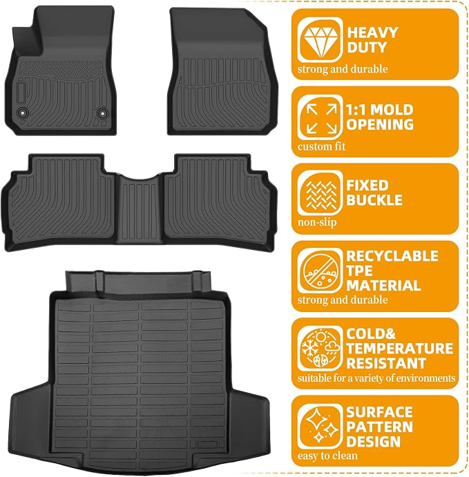 Floor Mats for Chevy Malibu 2016-2025, Custom Fit Chevrolet Malibu LS, RS, LT, Premier, 2023 Malibu Floor Mats, TPE Duty Anti-Slip 1st & 2nd Row & Cargo Liner,Cargo NOT for Hybrid 2017-2024 or Limited