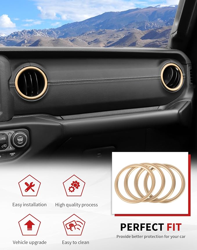 JWWY JL AC Air Vent Trim Rings & Dashboard Headlight Switch Decor Switch Knob Cover Kit Fit for 2018-2023 Jeep Wrangler JL JLU Interior Accessories, Aluminum Alloy 8PCS Gold