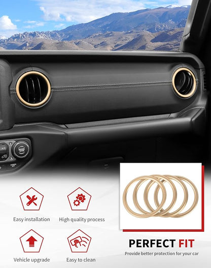JWWY JL AC Air Vent Trim Rings & Dashboard Headlight Switch Decor Switch Knob Cover Kit Fit for 2018-2023 Jeep Wrangler JL JLU Interior Accessories, Aluminum Alloy 8PCS Gold