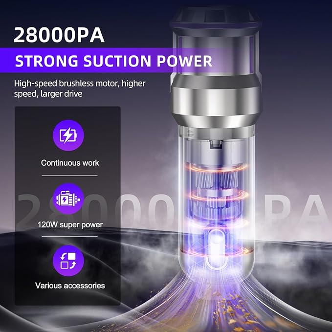 Handheld Vacuum Cleaner, 28000Pa 4 in 1 Handheld Vacuum Cordless, One-Touch Dust Removal, 3 Speeds Brushless Motor Mini Vacuum, Car Vacuum Portable Cordless for Office, Home, Kitchen, Car, Pet Hair