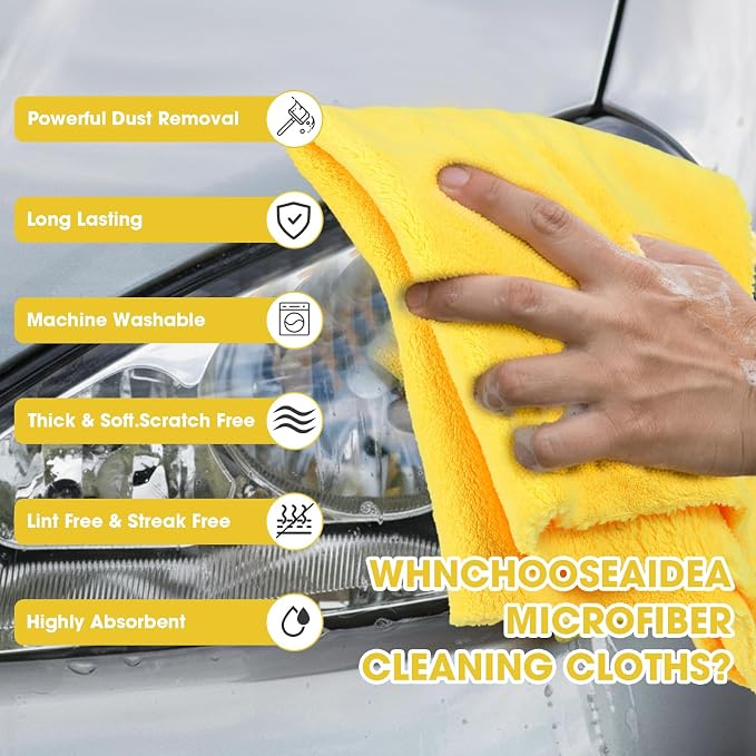 Shimeyao 30 Pcs Edgeless Microfiber Plush Towels for Cars Detailing Drying Wash Polishing Absorbent Cleaning Cloths, 500 GSM (16 x 16 Inch,Black,Yellow)