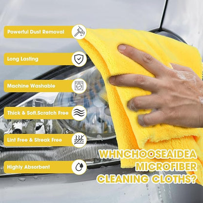 Shimeyao 30 Pcs Edgeless Microfiber Plush Towels for Cars Detailing Drying Wash Polishing Absorbent Cleaning Cloths, 500 GSM (16 x 16 Inch,Black,Yellow)