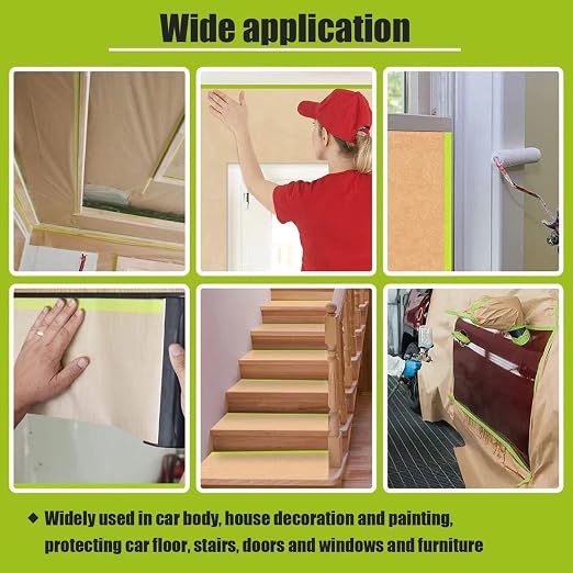 Tape and Drape, 12” x 50 feet Masking Paper for Painting, Pre-Taped Masking Paper with Adhesive, Paint Tape, Car Protection Covering Paper for Car and Furniture, Floor (1 Pack)