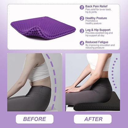 Purple Gel Seat Cushion for Long Sitting, 20" Extra Large Double Thick Cooling Chair Cushions for Office Chair, Wheelchair, Car Seat, Stadium Seat Cushion, Game Chair Pads for Tailbone Pain Relief