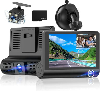 Dash Cam Front and Rear Video Recorder Rear Camera 1080P Dashcam with 4 inches, Super Night Vision, 170°Wide Angle, Loop Recording, G-Sensor, Parking Monitor, Motion Detection, with 32GB Card