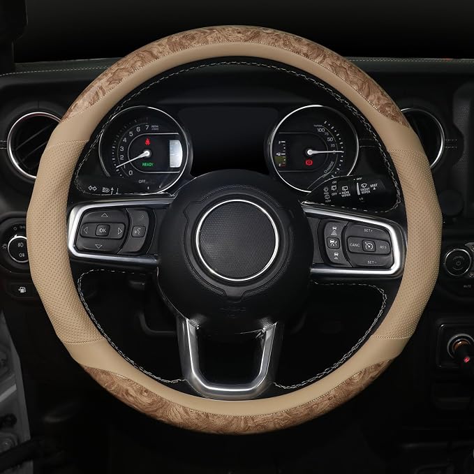 KAFEEK Wood Grain Steering Wheel Cover, Breathable Microfiber Leather, Non-Slip, Universal 14.5-15 inch Steering Wheel Accessory, Beige